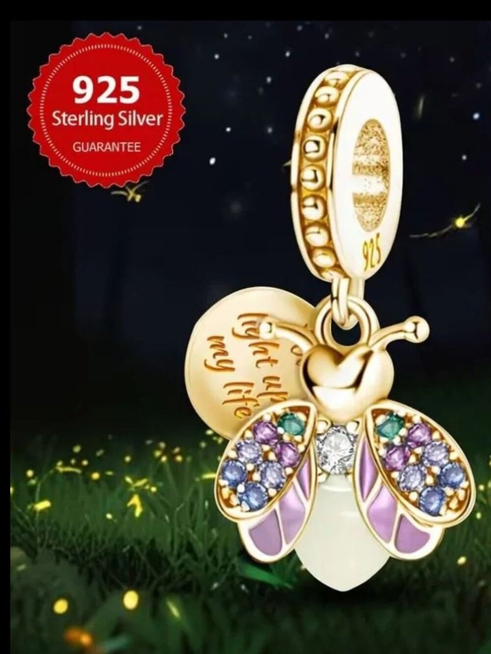 Gold Sterling Silver Firefly Charm Pink Purple Blue Green Glows